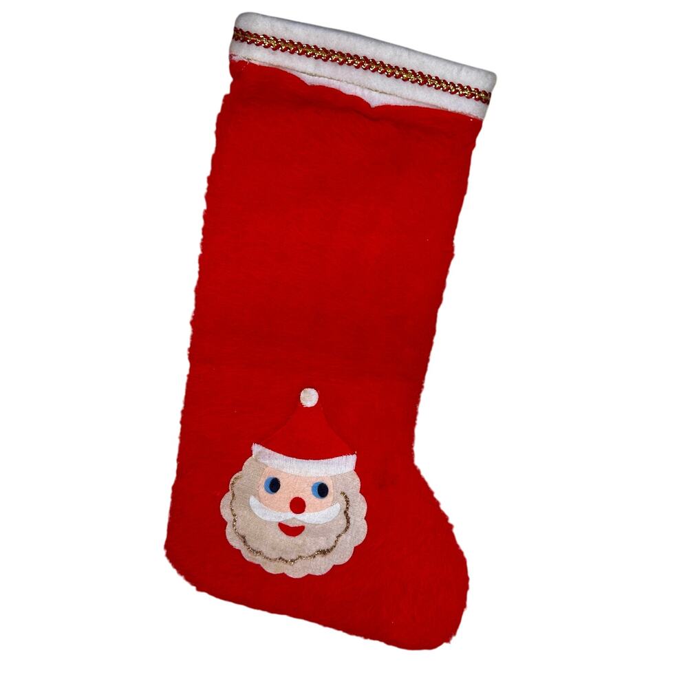VTG handmade Red Felt Christmas Stocking Santa Face Appliqué 13" Retro Holiday